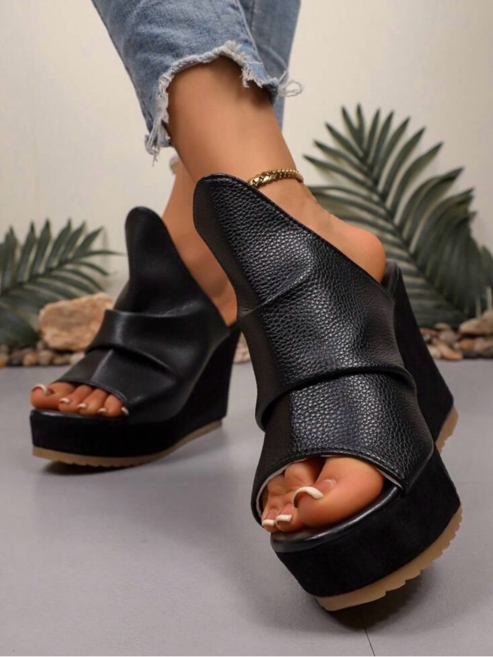 Black Leather-Look Platform Wedge Slide - Women's